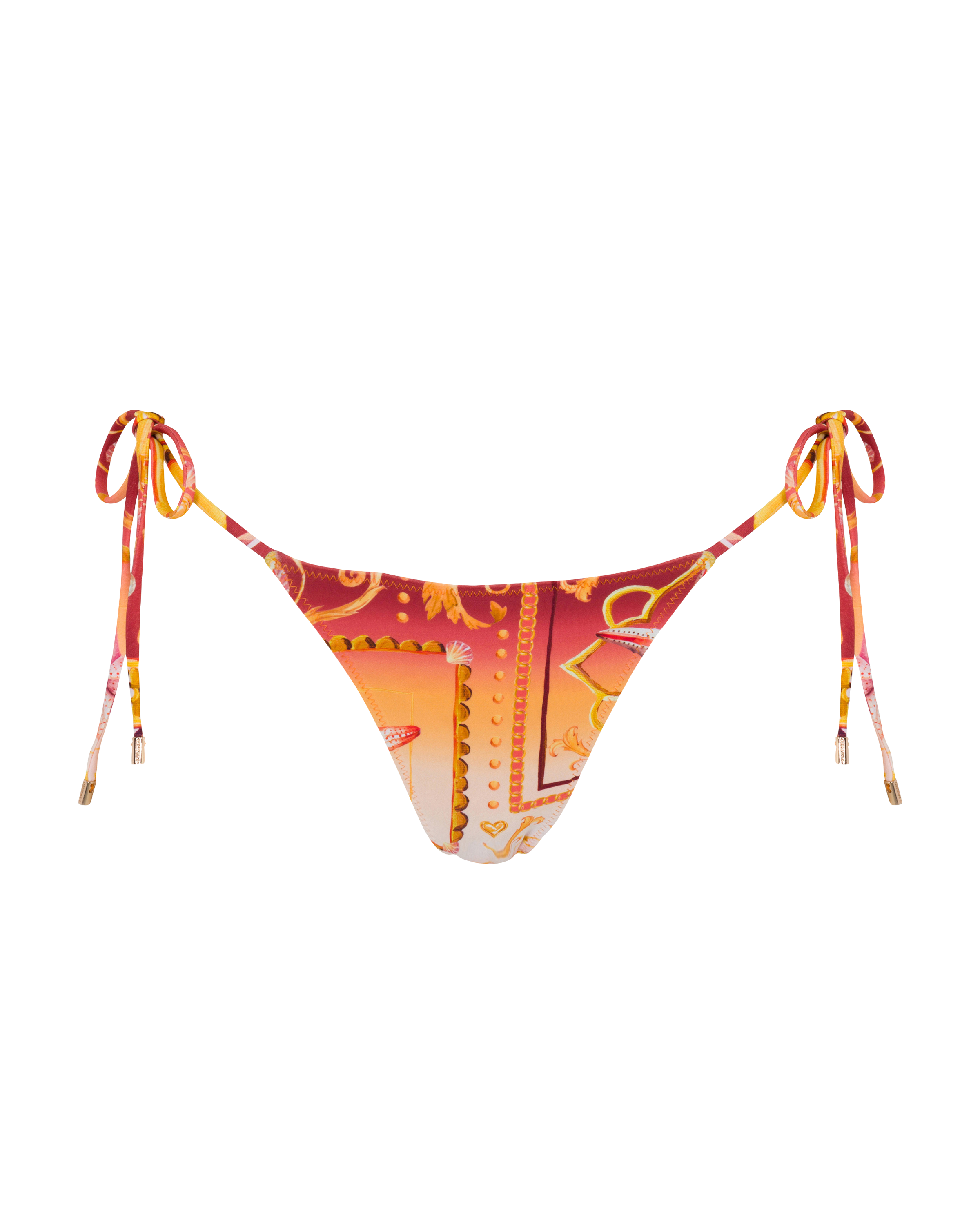 A colorful coral-colored triangle-shaped swimwear bottom with side ties, against a black background.