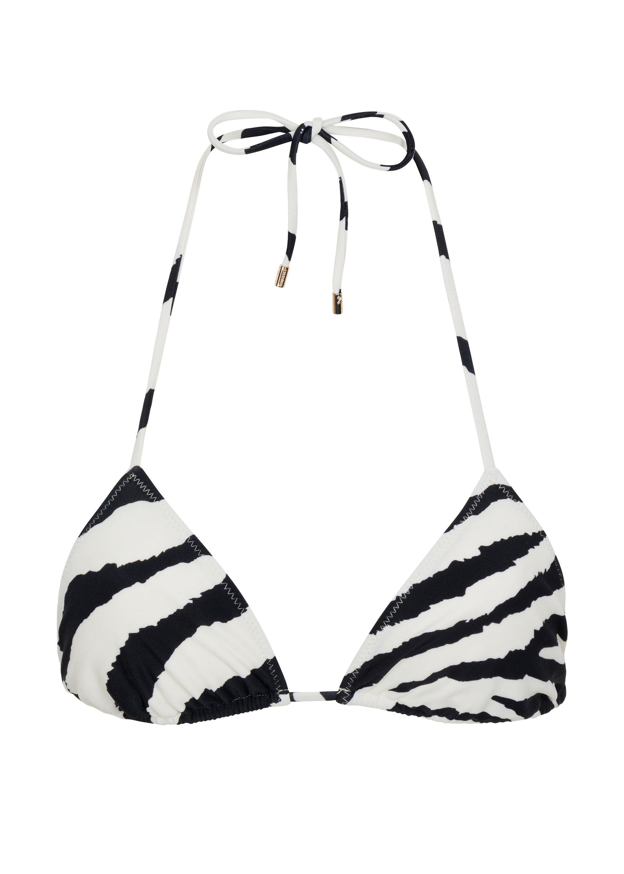 A white zebra-patterned triangle bikini top with adjustable straps.