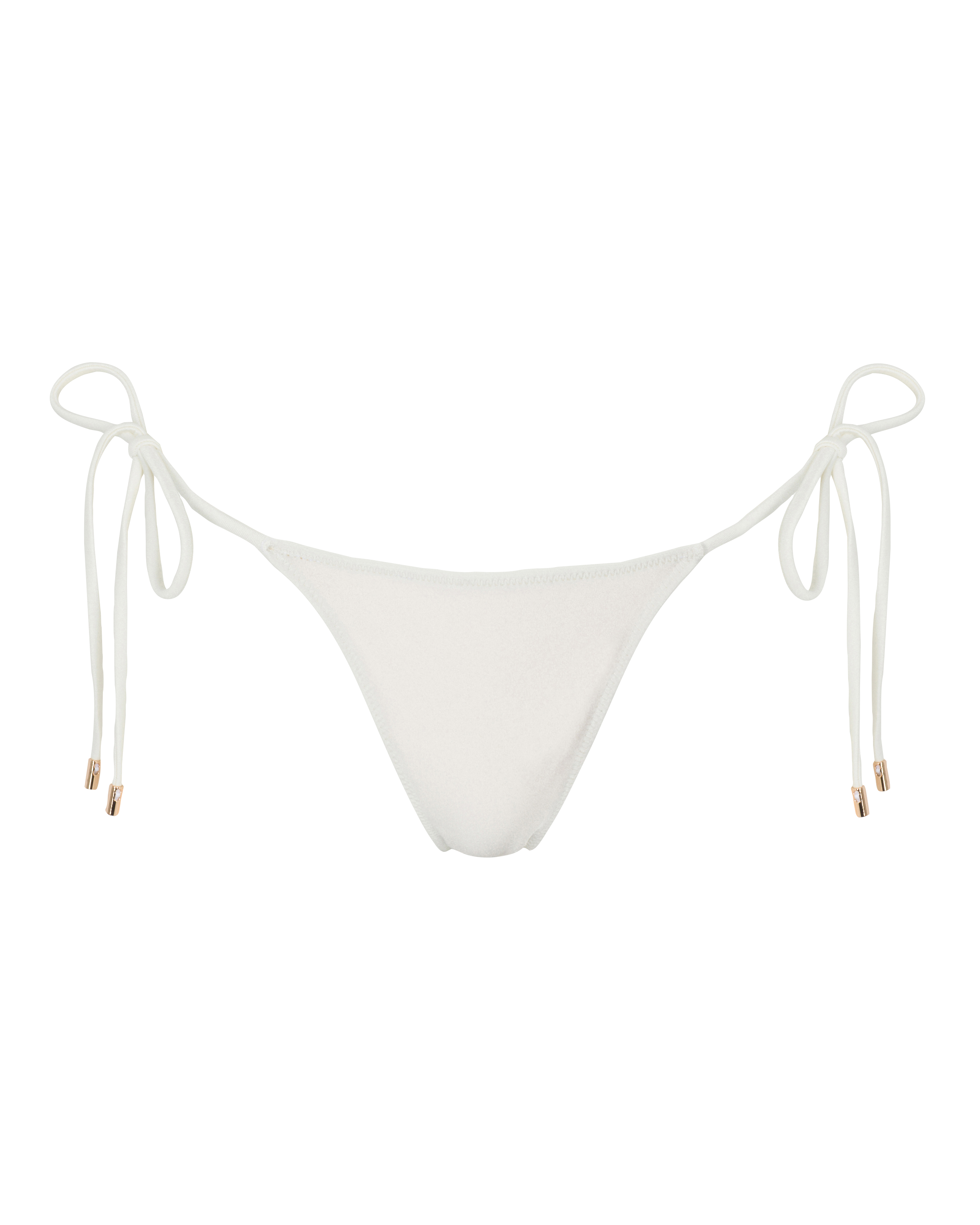 A white high-waisted triangle bottom swimwear with side ties, isolated on a white background.