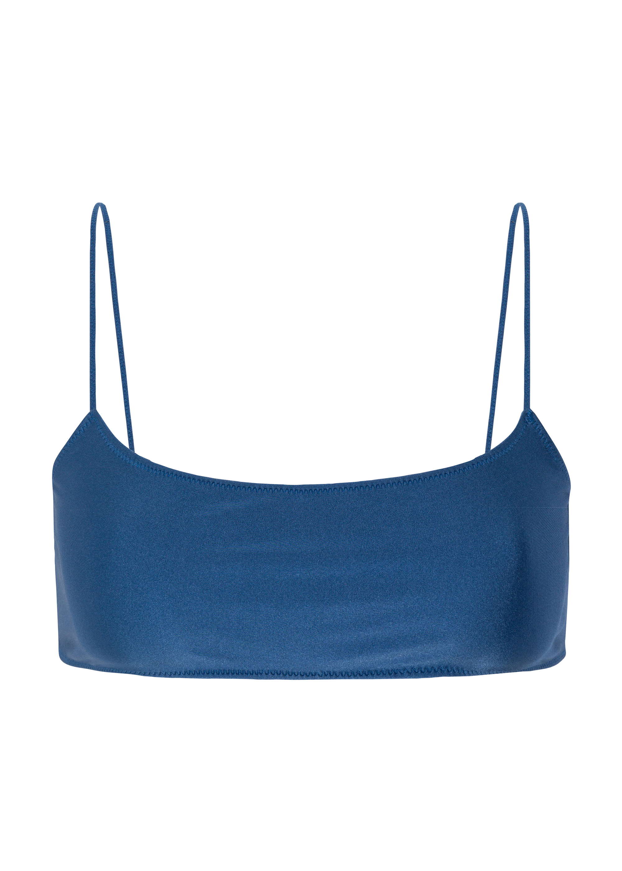 A blue bikini top with thin straps.