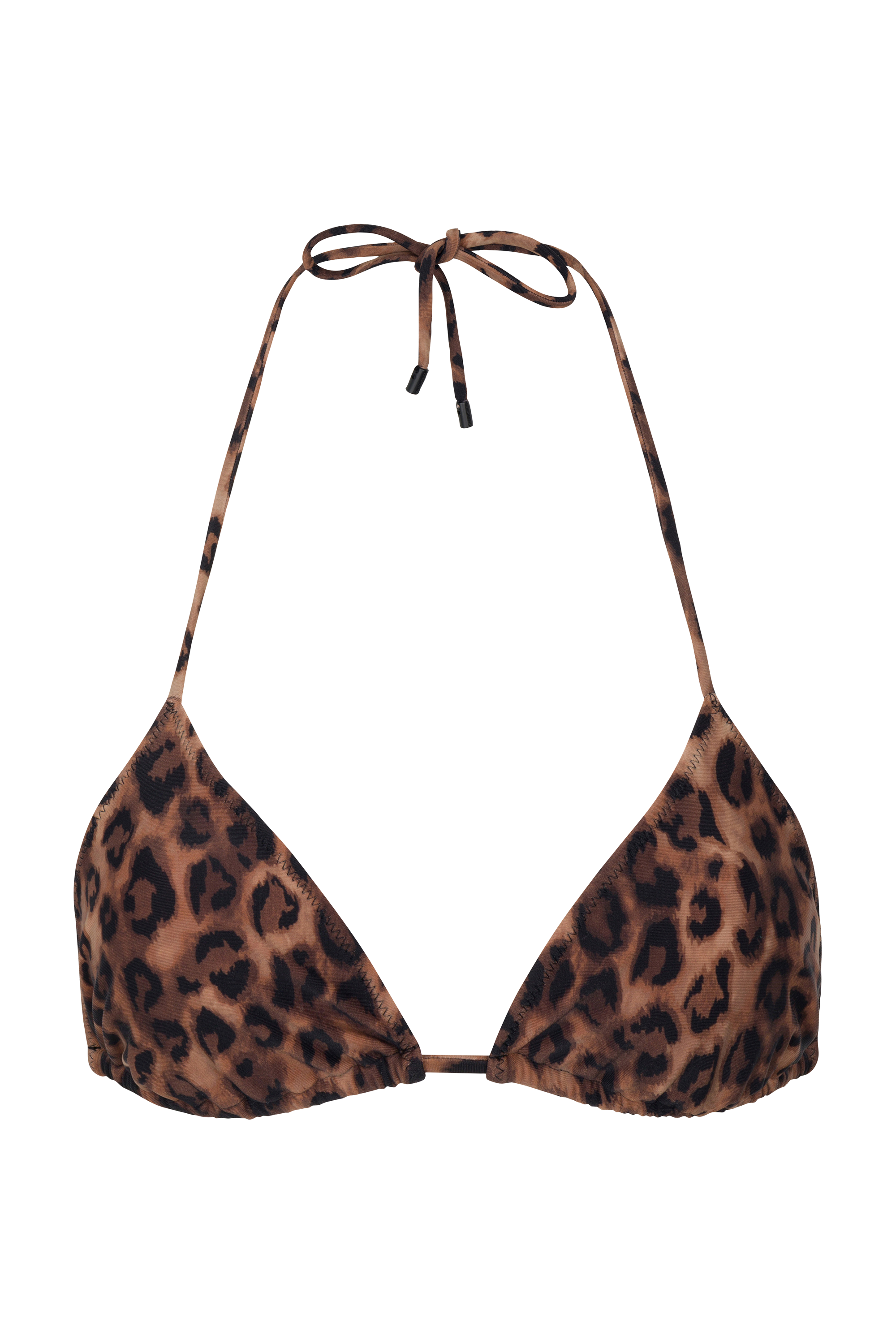 A leopard print triangle bikini top with adjustable straps.