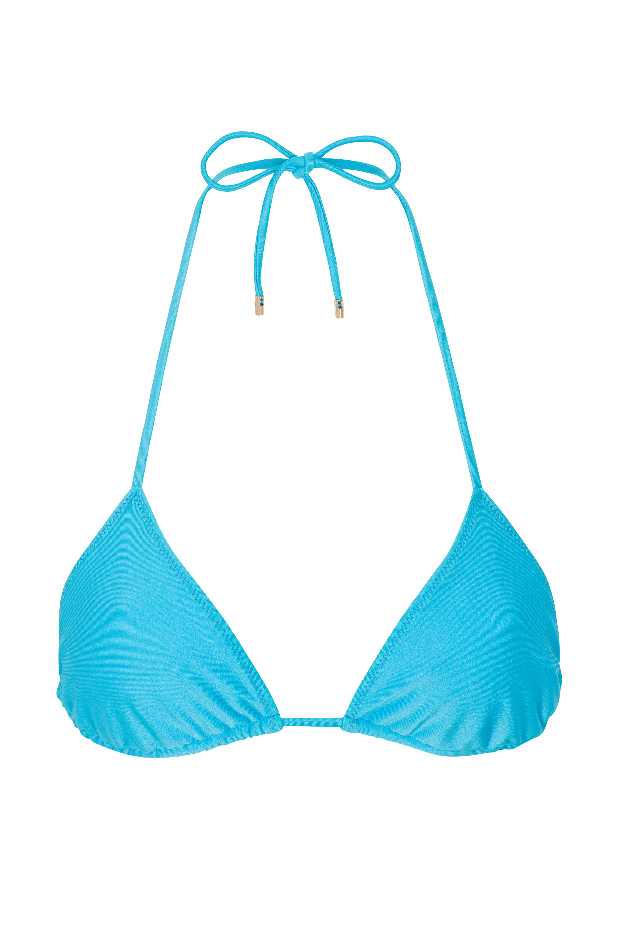 A turquoise blue classic triangle bikini top with adjustable straps and a bow detail at the top center.