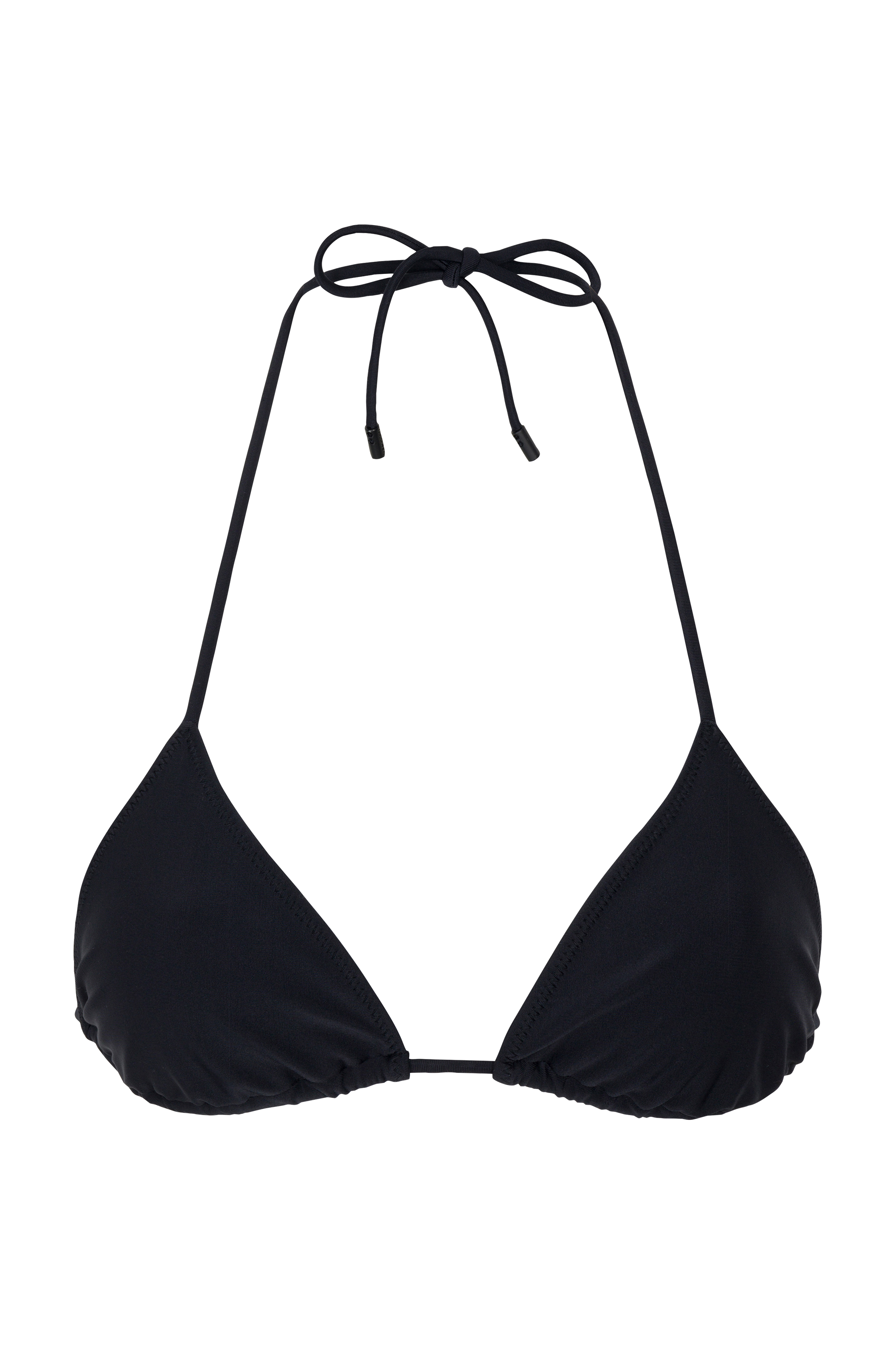 A black triangle bikini top with adjustable straps and a plunging neckline.